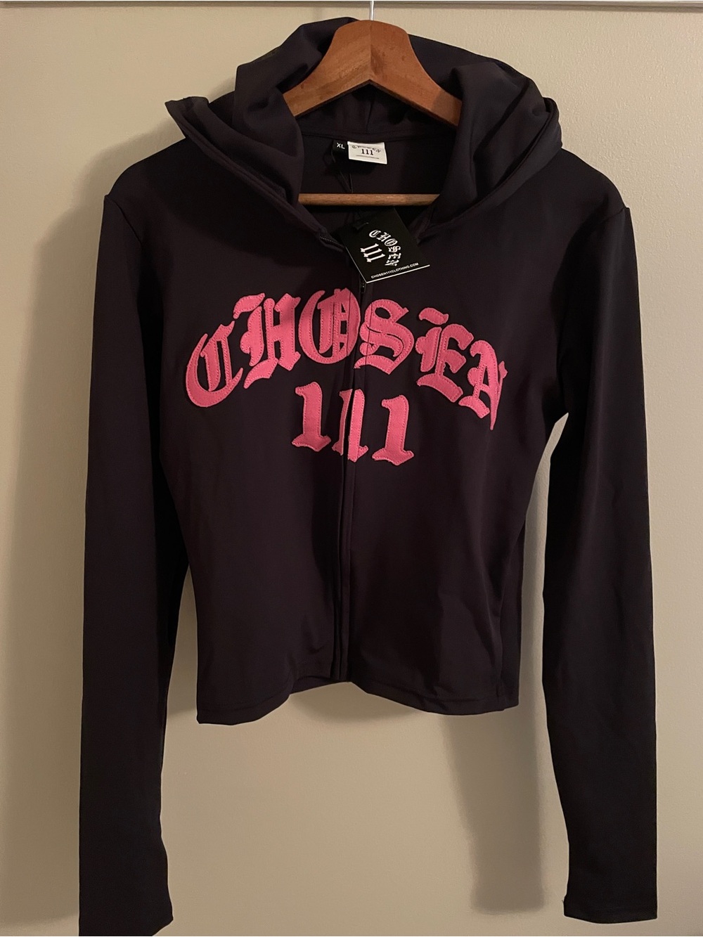 Black Activewear Hoodie with 3D Pink "Embroidery Chosen 111" M/L. Brand New.